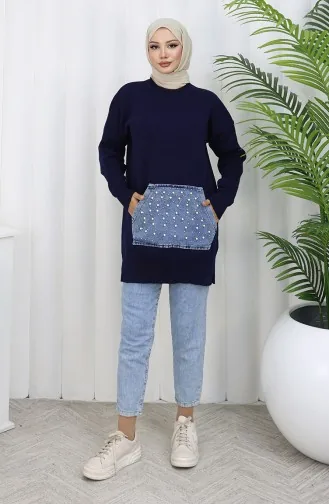 تونيك محبوك بجيوب الكنغر ومزين باللؤلؤ 3030-05 أزرق داكن 3030-05