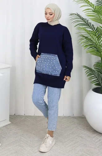 تونيك محبوك بجيوب الكنغر ومزين باللؤلؤ 3030-05 أزرق داكن 3030-05