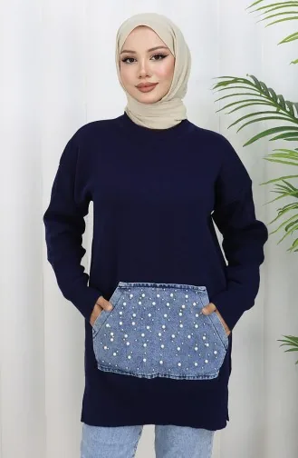 تونيك محبوك بجيوب الكنغر ومزين باللؤلؤ 3030-05 أزرق داكن 3030-05