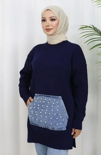 تونيك محبوك بجيوب الكنغر ومزين باللؤلؤ 3030-05 أزرق داكن 3030-05