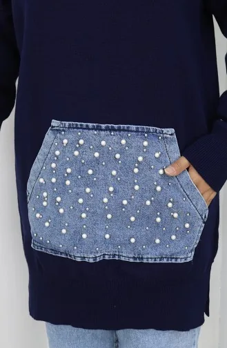 تونيك محبوك بجيوب الكنغر ومزين باللؤلؤ 3030-05 أزرق داكن 3030-05