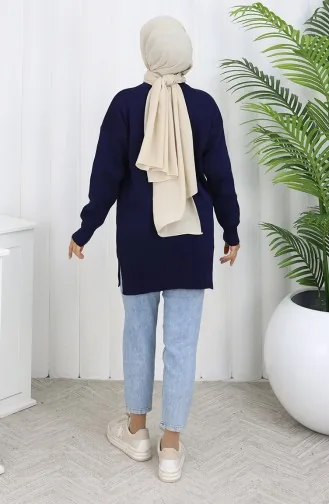 تونيك محبوك بجيوب الكنغر ومزين باللؤلؤ 3030-05 أزرق داكن 3030-05