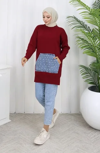 Tunique En Tricot à Poche Kangourou Et Détails Perlés 3030-08 Bordeaux 3030-08