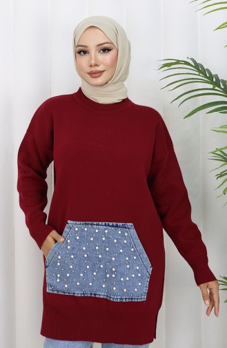 سترة محبوكة بجيوب الكنغر ومزينة باللؤلؤ 3030-08 أحمر قرمزي 3030-08