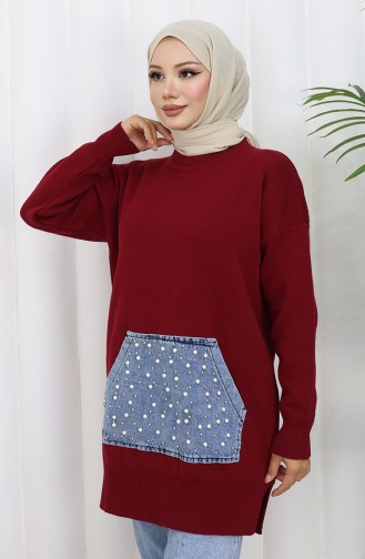سترة محبوكة بجيوب الكنغر ومزينة باللؤلؤ 3030-08 أحمر قرمزي 3030-08