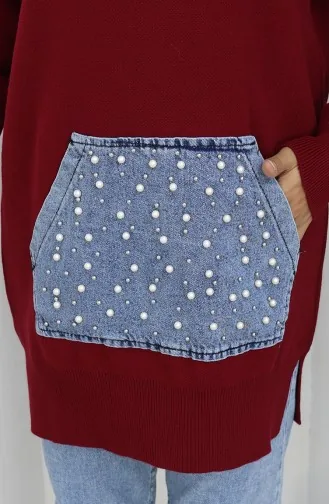 Tunique En Tricot à Poche Kangourou Et Détails Perlés 3030-08 Bordeaux 3030-08