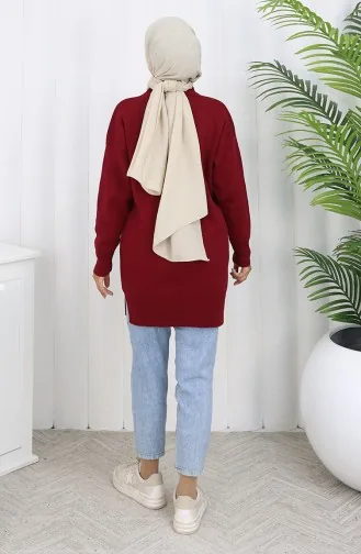 Tunique En Tricot à Poche Kangourou Et Détails Perlés 3030-08 Bordeaux 3030-08