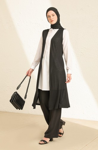 Sade Ince Basic Uzun Yelek Büyük Beden Yelek Tesettür Yelek 8765-01 Siyah