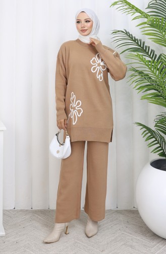 Strickmode Blumenmuster Tunika Hose Zweiteiler 1110-01 Milchkaffee 1110-01