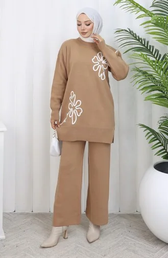 Gebreid Tuniek Met Bloemenmotief Tweedelig Pak 1110-01 Melkkoffie 1110-01