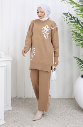 Strickmode Blumenmuster Tunika Hose Zweiteiler 1110-01 Milchkaffee 1110-01