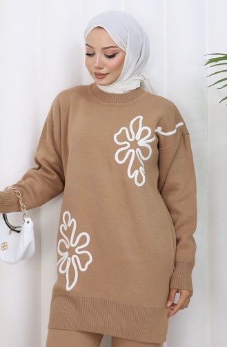 Strickmode Blumenmuster Tunika Hose Zweiteiler 1110-01 Milchkaffee 1110-01
