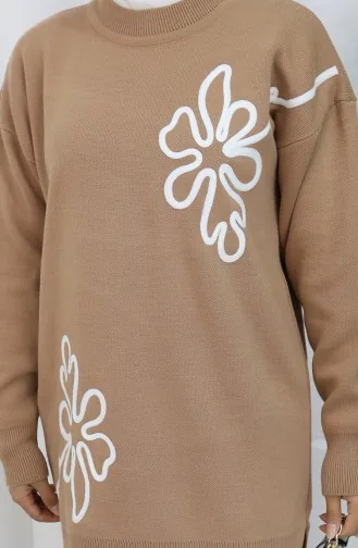 Gebreid Tuniek Met Bloemenmotief Tweedelig Pak 1110-01 Melkkoffie 1110-01