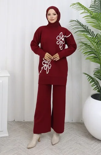 Gebreid Tuniek Met Bloemenmotief Tweedelig Pak 1110-02 Bordeauxrood 1110-02