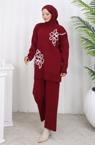 Gebreid Tuniek Met Bloemenmotief Tweedelig Pak 1110-02 Bordeauxrood 1110-02