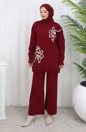 Gebreid Tuniek Met Bloemenmotief Tweedelig Pak 1110-02 Bordeauxrood 1110-02