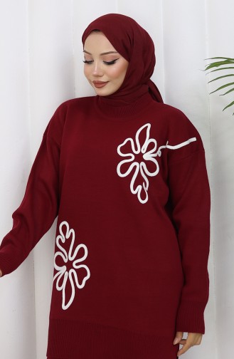 Gebreid Tuniek Met Bloemenmotief Tweedelig Pak 1110-02 Bordeauxrood 1110-02
