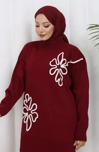 Gebreid Tuniek Met Bloemenmotief Tweedelig Pak 1110-02 Bordeauxrood 1110-02
