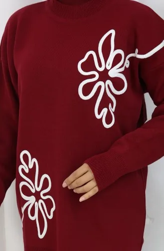 Gebreid Tuniek Met Bloemenmotief Tweedelig Pak 1110-02 Bordeauxrood 1110-02