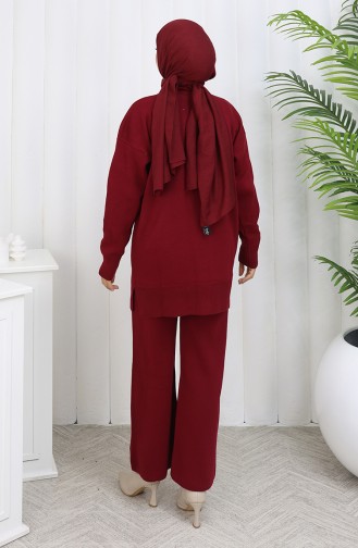 Gebreid Tuniek Met Bloemenmotief Tweedelig Pak 1110-02 Bordeauxrood 1110-02