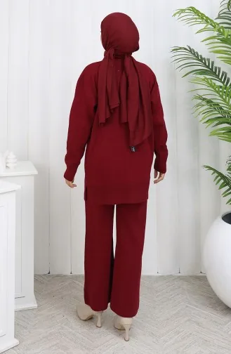 Gebreid Tuniek Met Bloemenmotief Tweedelig Pak 1110-02 Bordeauxrood 1110-02