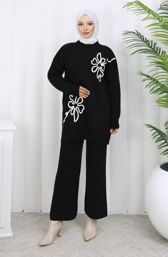 Strickmode Blumenmuster Tunika Hose Zweiteiler 1110-03 Schwarz 1110-03