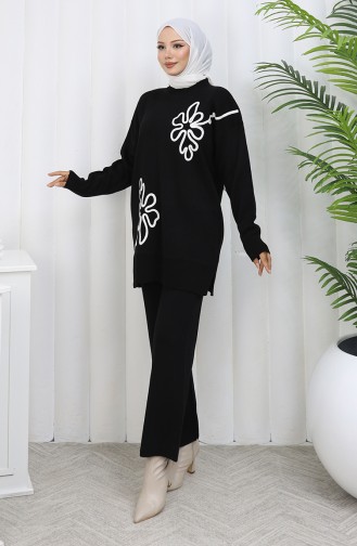 Strickmode Blumenmuster Tunika Hose Zweiteiler 1110-03 Schwarz 1110-03