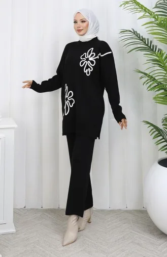 Gebreid Bloemenpatroon Tuniek Broek Tweedelig Pak 1110-03 Zwart 1110-03