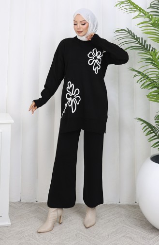 Strickmode Blumenmuster Tunika Hose Zweiteiler 1110-03 Schwarz 1110-03
