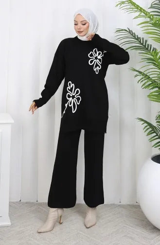 Gebreid Bloemenpatroon Tuniek Broek Tweedelig Pak 1110-03 Zwart 1110-03