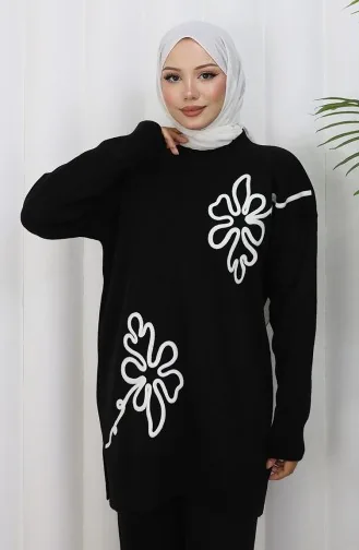 Gebreid Bloemenpatroon Tuniek Broek Tweedelig Pak 1110-03 Zwart 1110-03