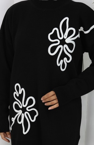 Strickmode Blumenmuster Tunika Hose Zweiteiler 1110-03 Schwarz 1110-03