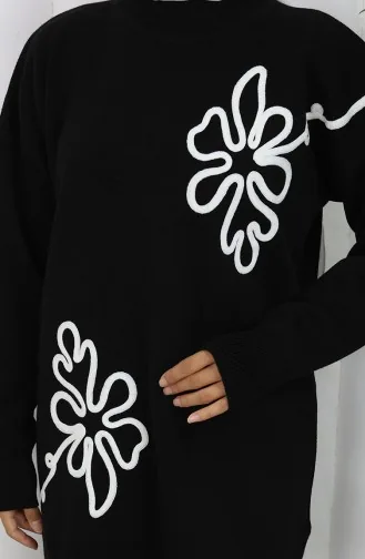 Gebreid Bloemenpatroon Tuniek Broek Tweedelig Pak 1110-03 Zwart 1110-03