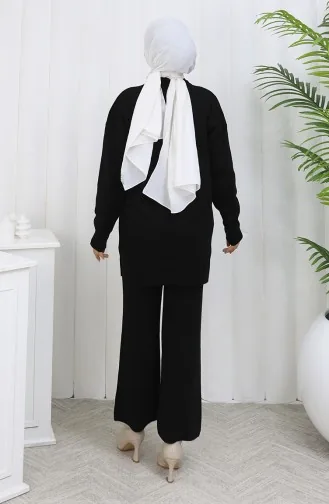 Gebreid Bloemenpatroon Tuniek Broek Tweedelig Pak 1110-03 Zwart 1110-03