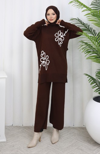 Gebreid Bloemenpatroon Tuniek Broek Tweedelig Pak 1110-06 Bruin 1110-06