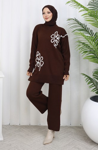 Gebreid Bloemenpatroon Tuniek Broek Tweedelig Pak 1110-06 Bruin 1110-06