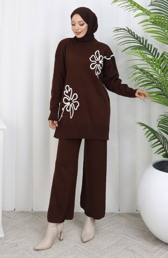 Gebreid Bloemenpatroon Tuniek Broek Tweedelig Pak 1110-06 Bruin 1110-06