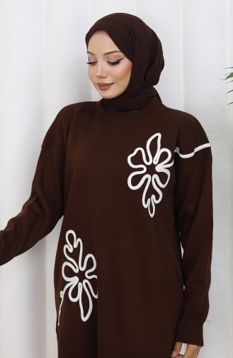 Gebreid Bloemenpatroon Tuniek Broek Tweedelig Pak 1110-06 Bruin 1110-06