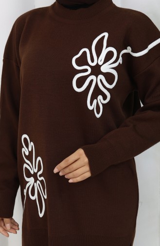 Gebreid Bloemenpatroon Tuniek Broek Tweedelig Pak 1110-06 Bruin 1110-06
