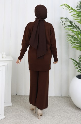 Gebreid Bloemenpatroon Tuniek Broek Tweedelig Pak 1110-06 Bruin 1110-06