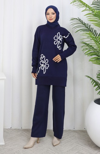 Strickmode Blumenmuster Tunika Hose Zweiteiler 1110-07 Marineblau 1110-07