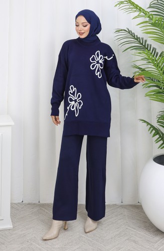 Strickmode Blumenmuster Tunika Hose Zweiteiler 1110-07 Marineblau 1110-07
