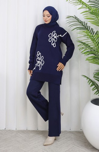Strickmode Blumenmuster Tunika Hose Zweiteiler 1110-07 Marineblau 1110-07