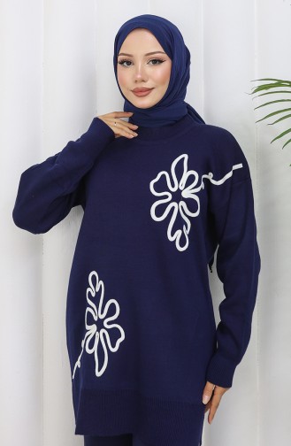 Strickmode Blumenmuster Tunika Hose Zweiteiler 1110-07 Marineblau 1110-07