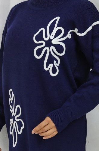 Strickmode Blumenmuster Tunika Hose Zweiteiler 1110-07 Marineblau 1110-07