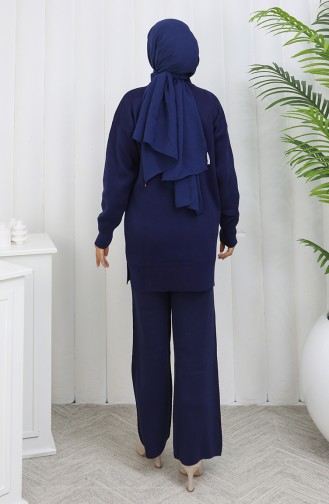 Strickmode Blumenmuster Tunika Hose Zweiteiler 1110-07 Marineblau 1110-07