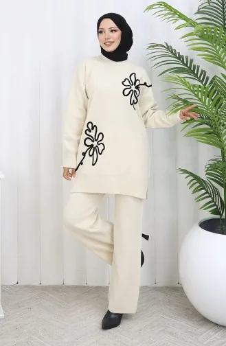 Knitwear Floral Patterned Tunic Trousers Two Piece Set 1110-08 Beige 1110-08