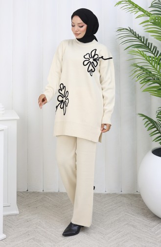 Gebreide Tuniek Met Bloemenmotief Tweedelig Setje 1110-08 Beige 1110-08