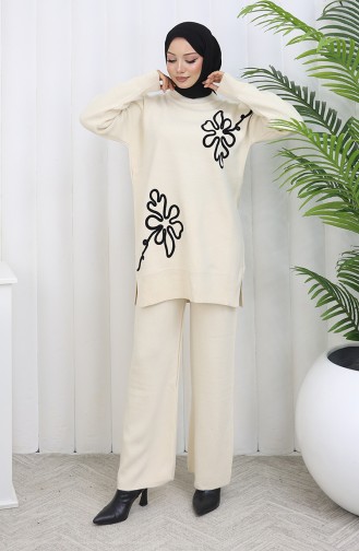 Gebreide Tuniek Met Bloemenmotief Tweedelig Setje 1110-08 Beige 1110-08