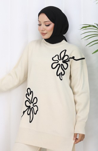 Gebreide Tuniek Met Bloemenmotief Tweedelig Setje 1110-08 Beige 1110-08